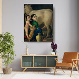 Mother And Child With Cow - Wall Canvas