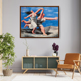 Two Women Running On The Beach - Framed Canvas