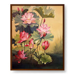 Pink Lotus Blossoms And Leaves - Framed Canvas