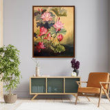Pink Lotus Blossoms And Leaves - Framed Canvas