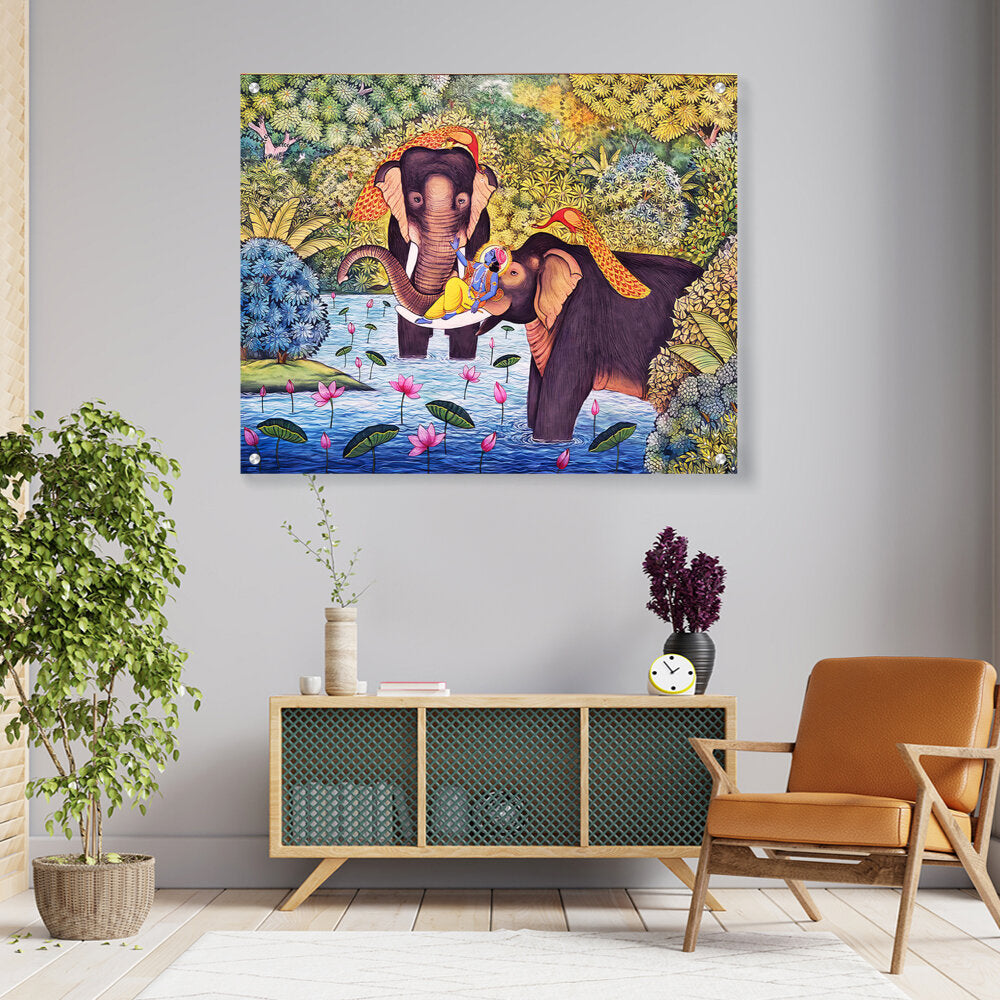 Picasoul - Artist - Lord Krishna With Elephants - Acrylic Wall Photo
