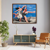 Two Women Running On The Beach - Framed Canvas