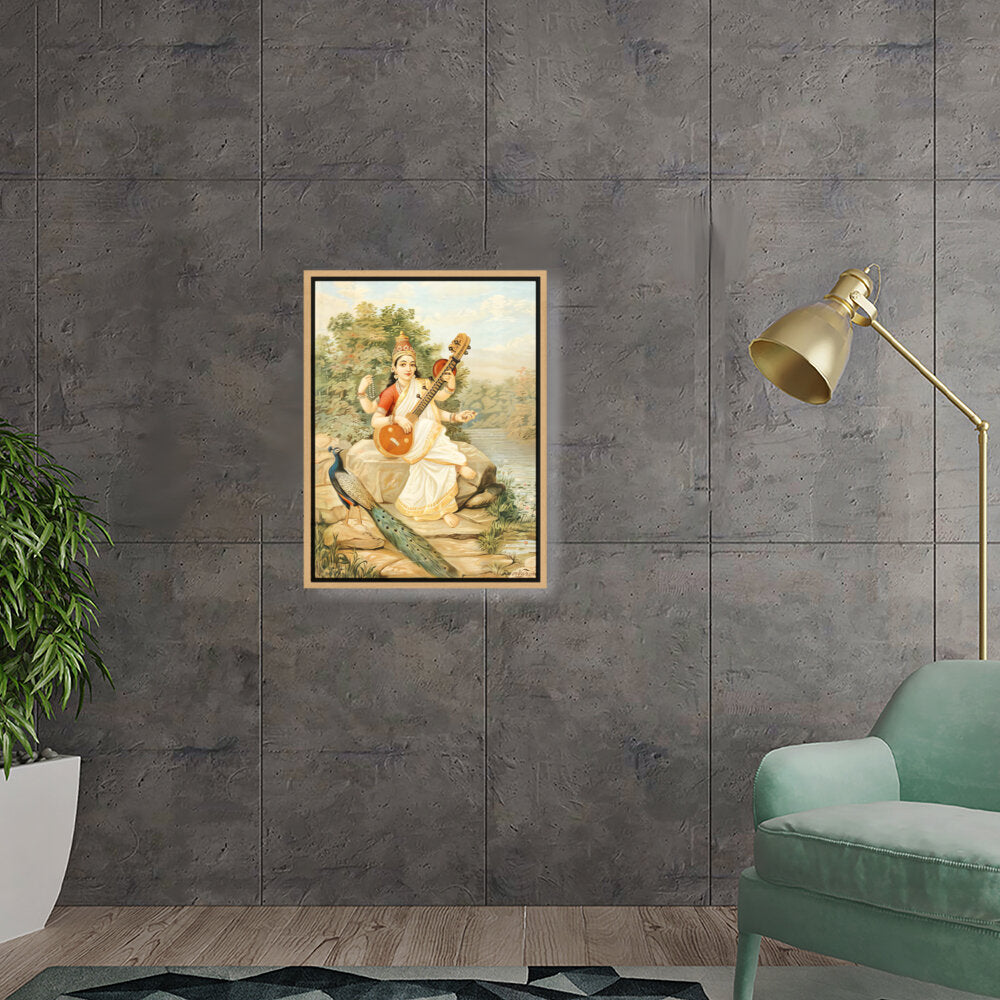 Goddess With Veena - Floating Framed Canvas