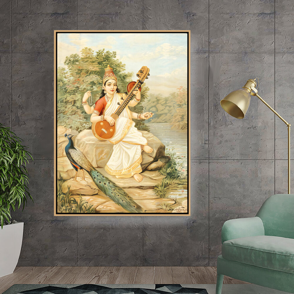 Kiran - Valipa - Goddess With Veena - Floating Framed Canvas