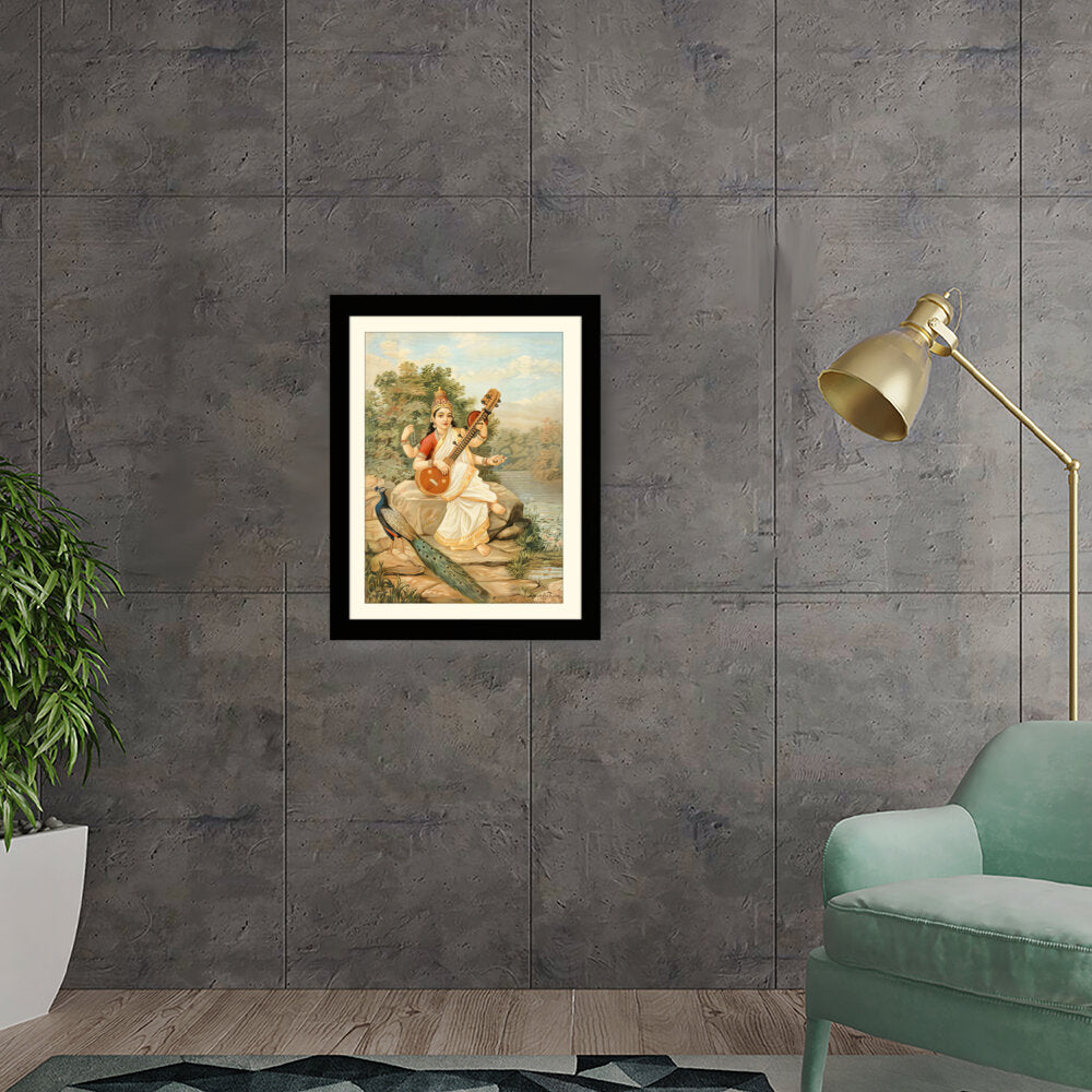 Goddess With Veena - Framed Wall Art