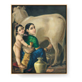 Mother And Child With Cow - Floating Framed Canvas