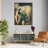 Mother And Child With Cow - Floating Framed Canvas