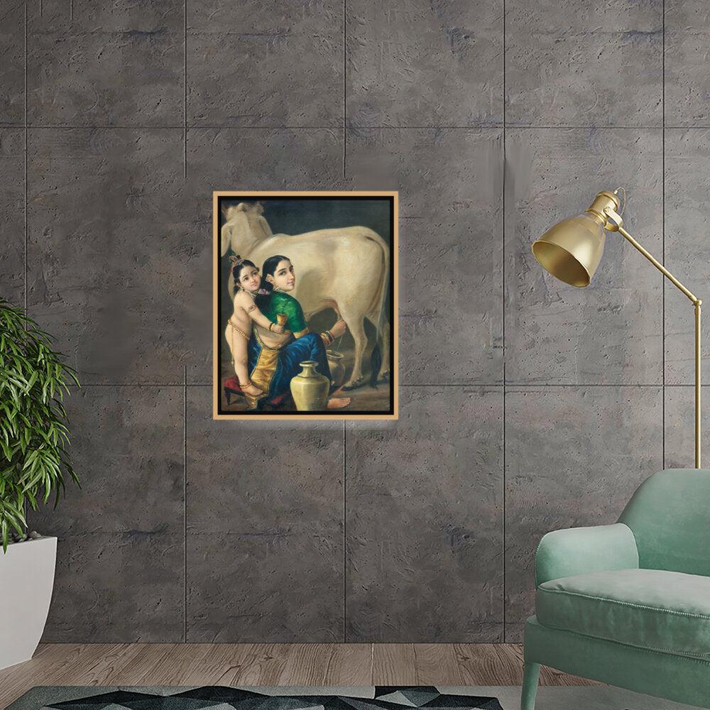 Mother And Child With Cow - Floating Framed Canvas