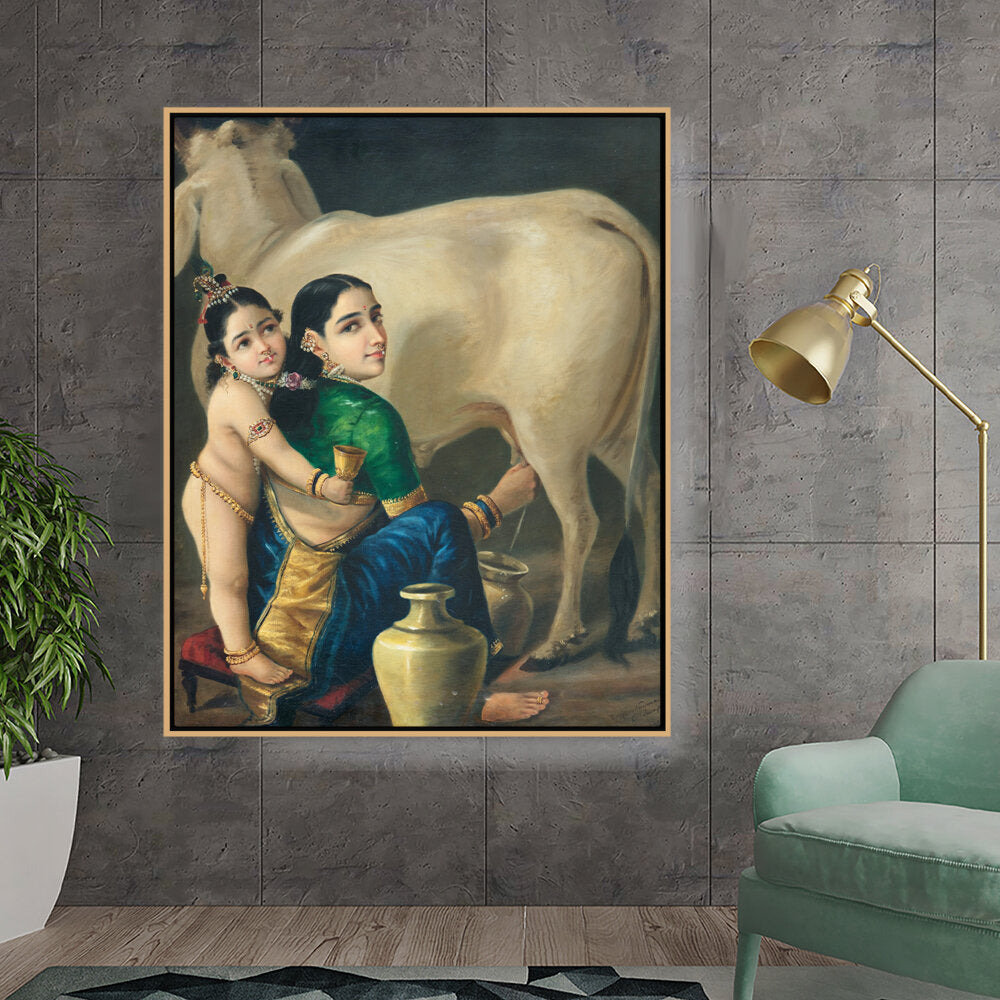 Kiran - Valipa - Mother And Child With Cow - Floating Framed Canvas