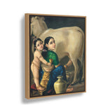 Mother And Child With Cow - Floating Framed Canvas