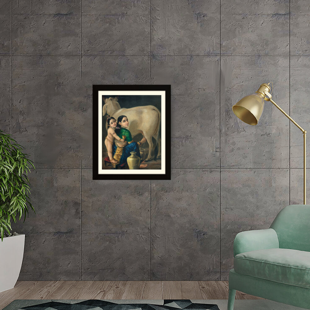 Mother And Child With Cow - Framed Wall Art