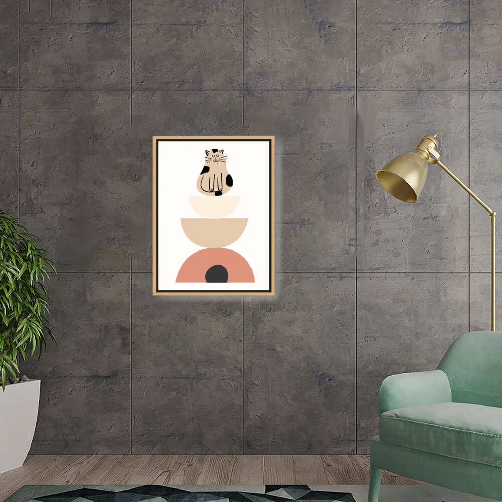 Playful Cat On Geometric Shapes - Floating Framed Canvas