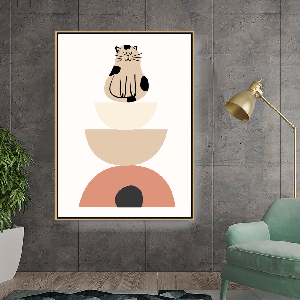 Kiran - Valipa - Playful Cat On Geometric Shapes - Floating Framed Canvas