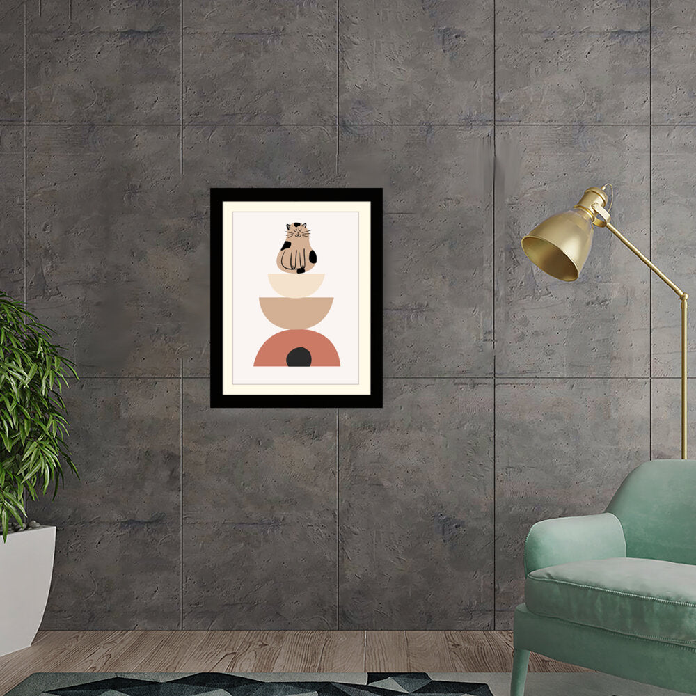 Playful Cat On Geometric Shapes - Framed Wall Art