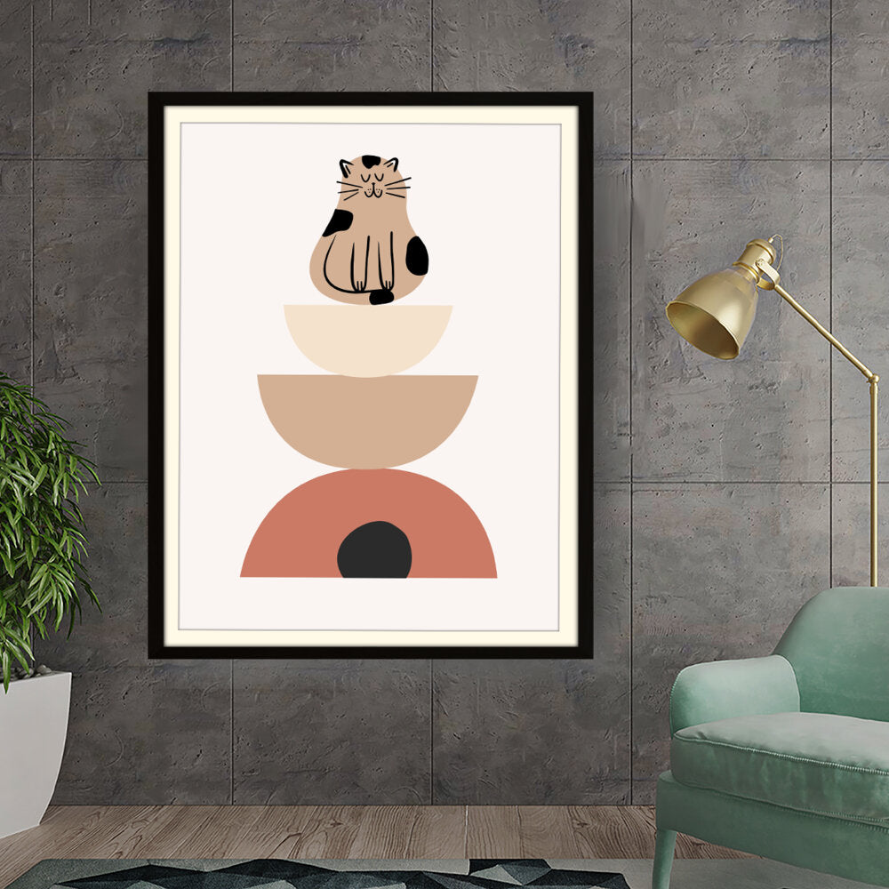 Kiran - Valipa - Playful Cat On Geometric Shapes - Framed Wall Art