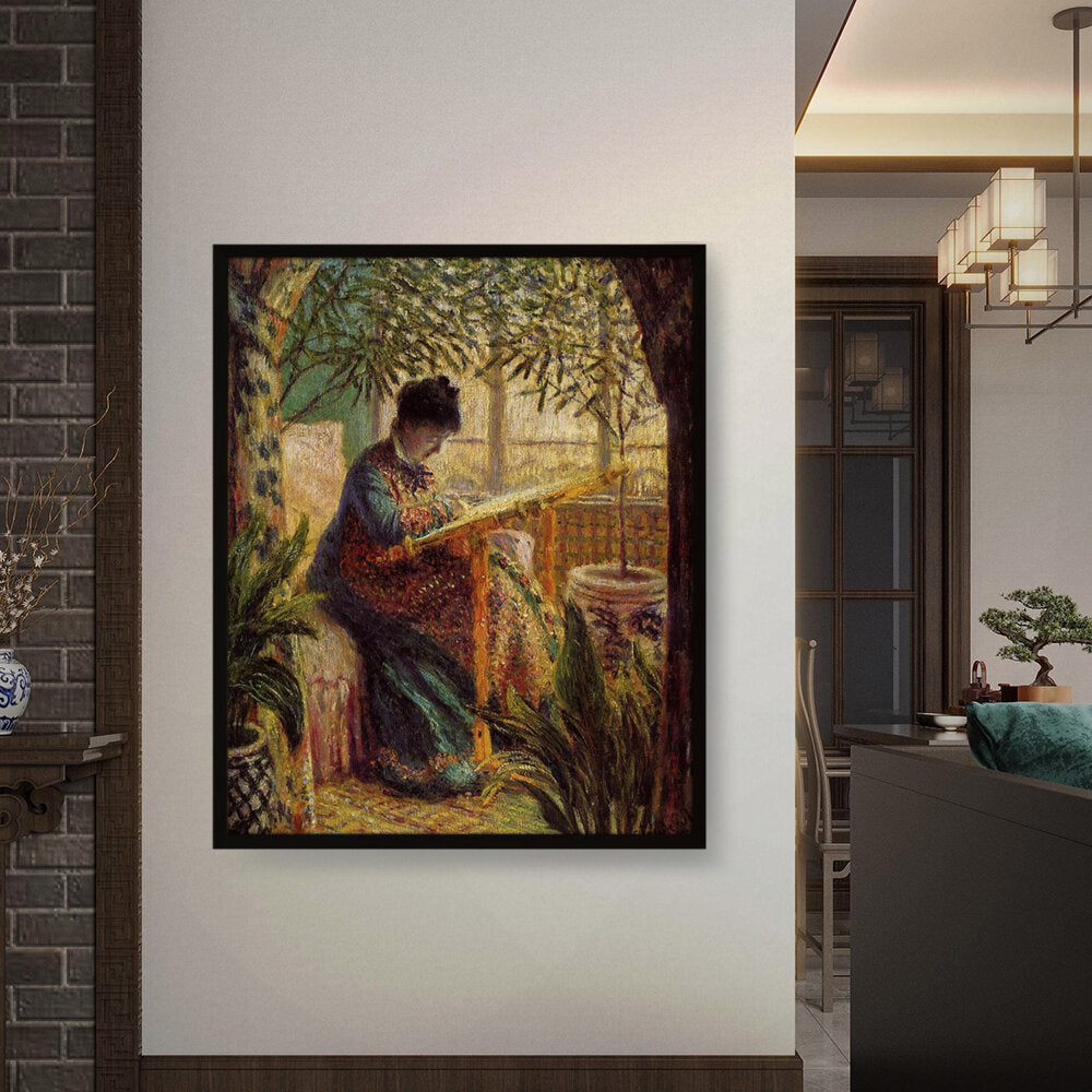 Madame Monet Embroidering - Framed Canvas