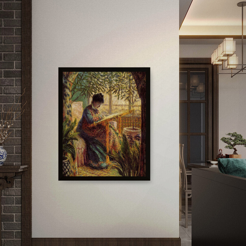 Madame Monet Embroidering - Framed Canvas