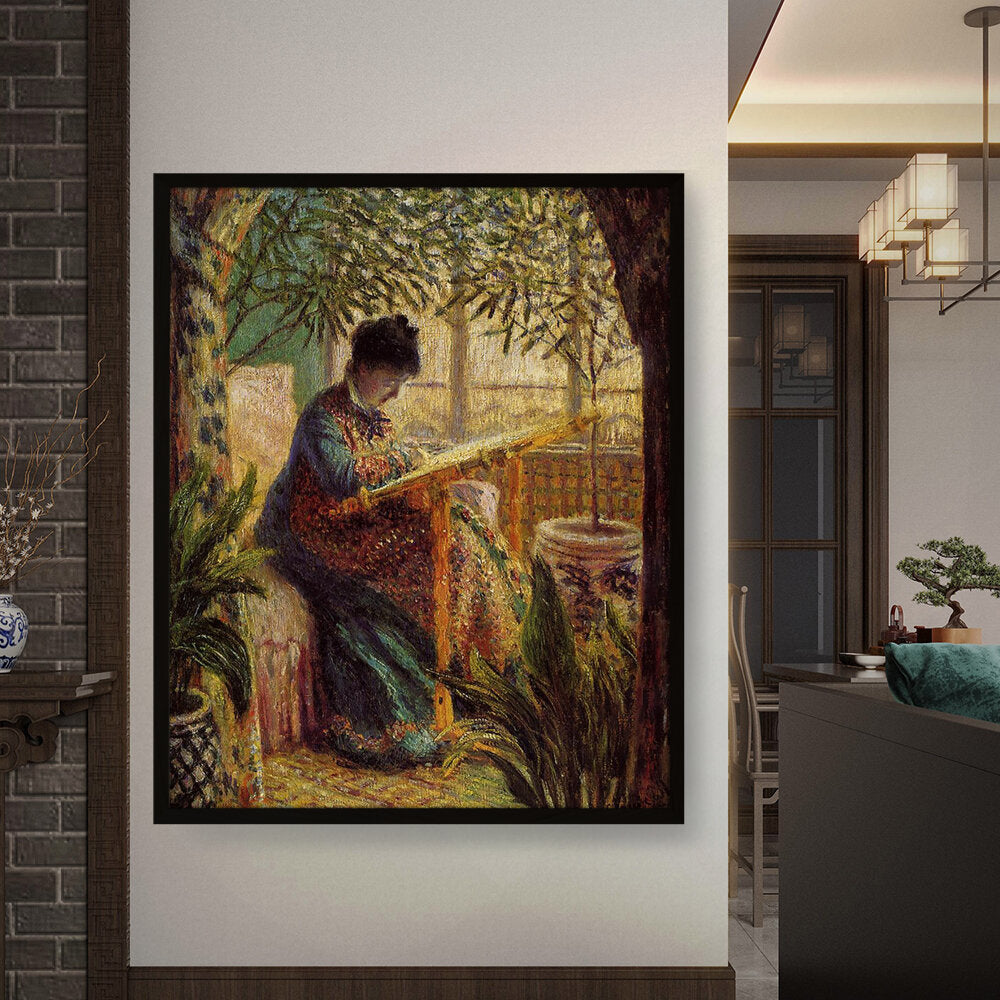 Madame Monet Embroidering - Framed Canvas