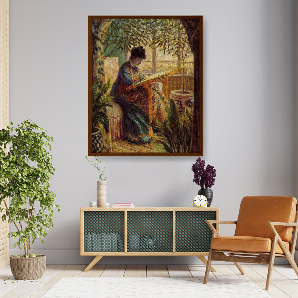 Madame Monet Embroidering - Framed Canvas