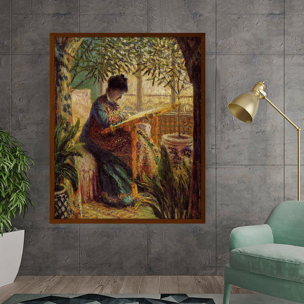 Madame Monet Embroidering - Framed Canvas