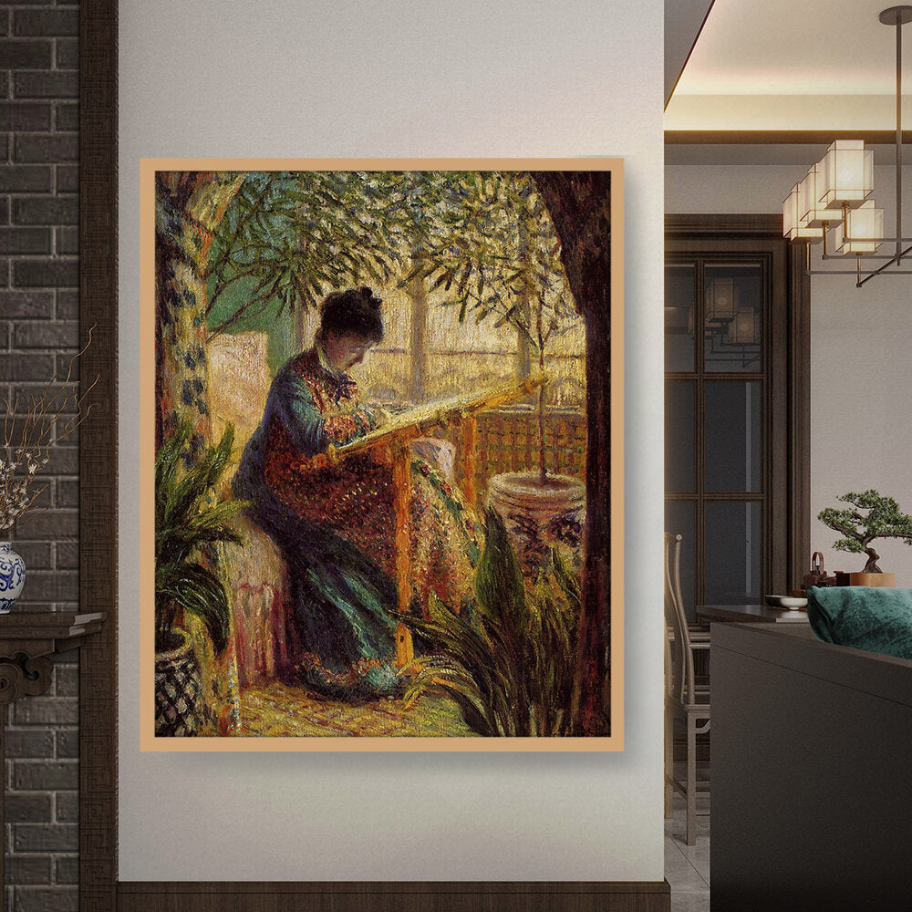 Madame Monet Embroidering - Framed Canvas