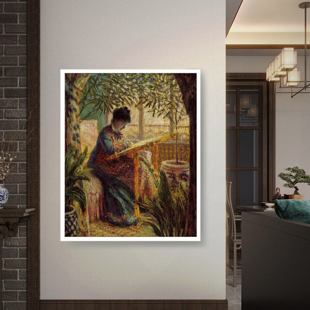 Madame Monet Embroidering - Framed Canvas