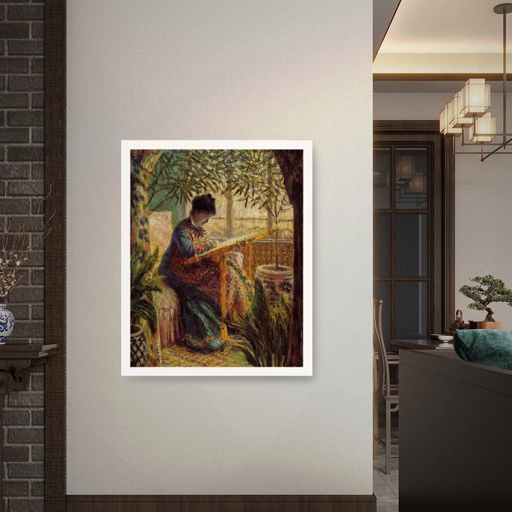 Madame Monet Embroidering - Framed Canvas