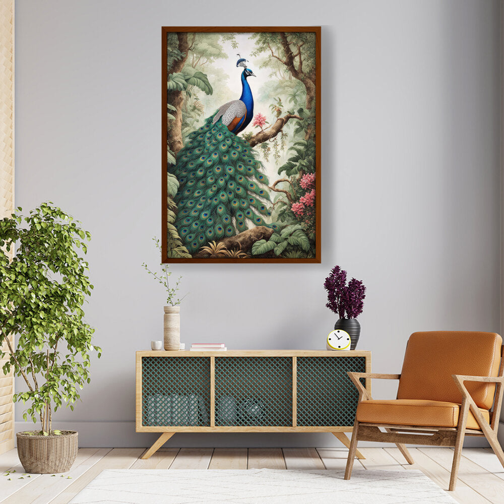 Peacock Painting - Framed Canvas