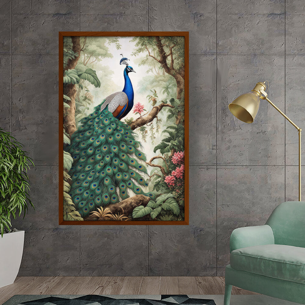 Peacock Painting - Framed Canvas