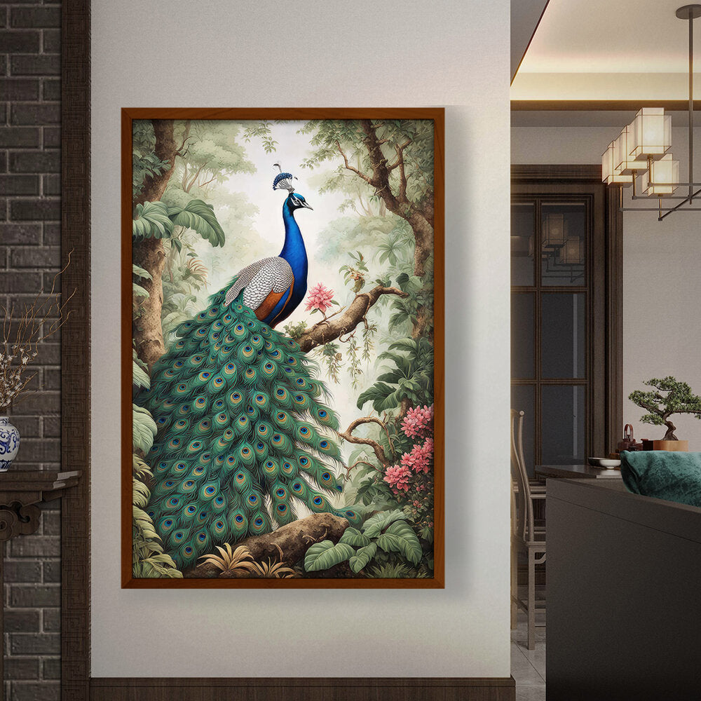 Peacock Painting - Framed Canvas