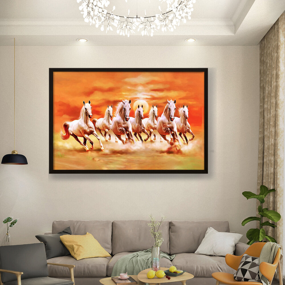 Seven Lucky Running Horses - Framed Canvas