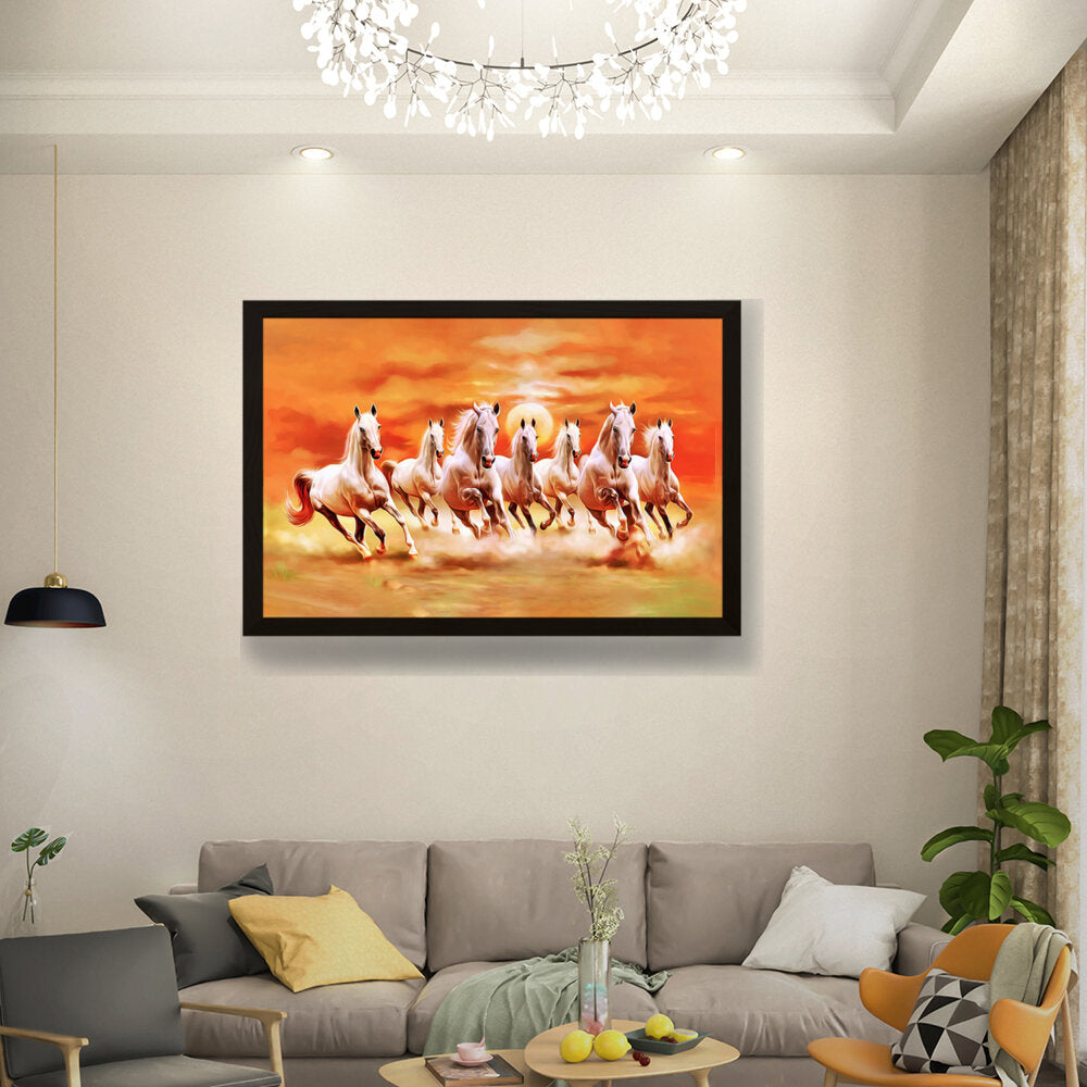 Seven Lucky Running Horses - Framed Canvas