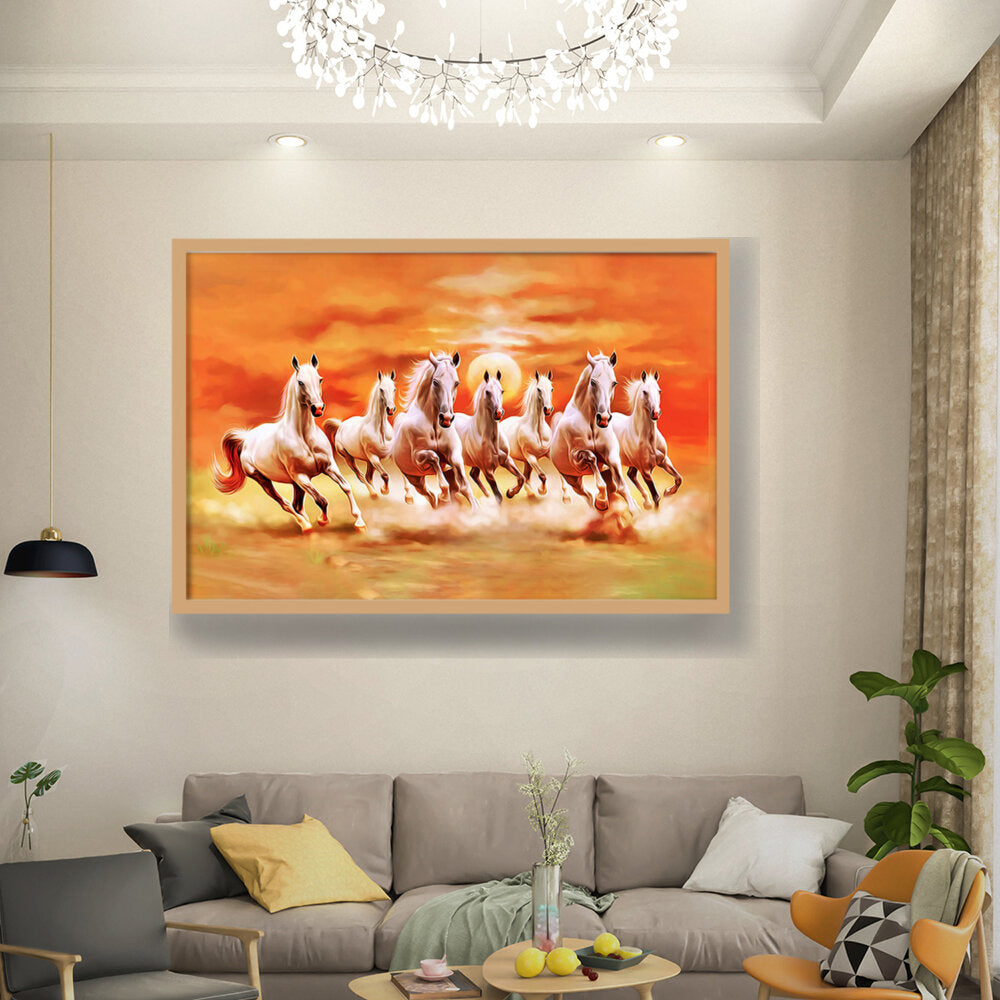 Seven Lucky Running Horses - Framed Canvas