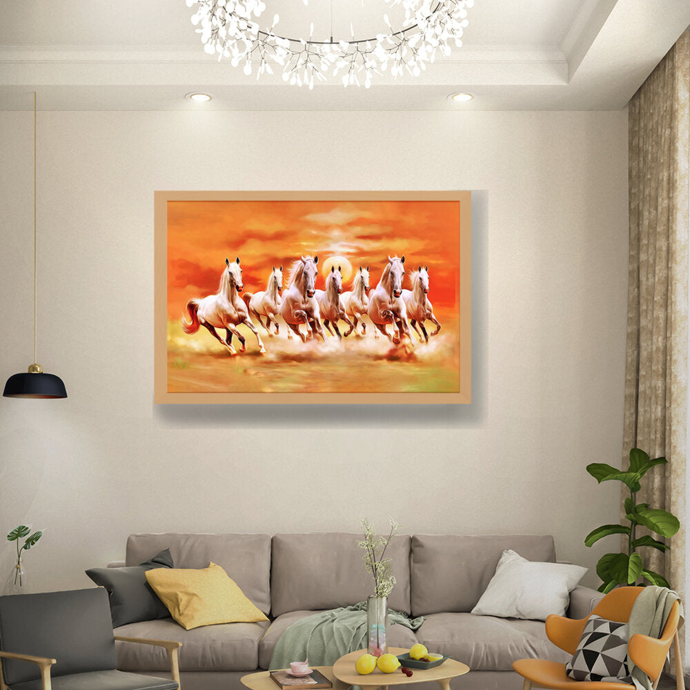 Seven Lucky Running Horses - Framed Canvas