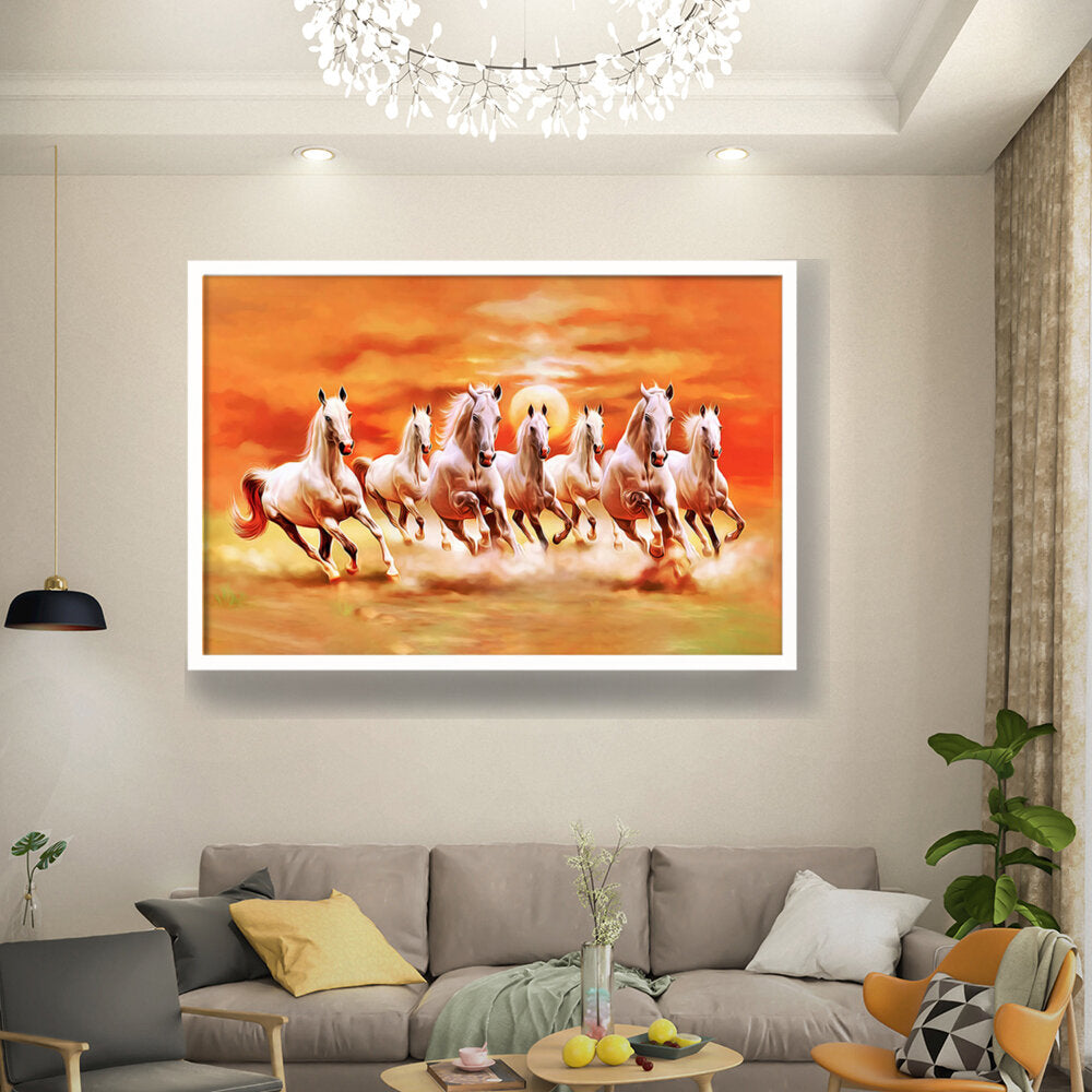 Seven Lucky Running Horses - Framed Canvas