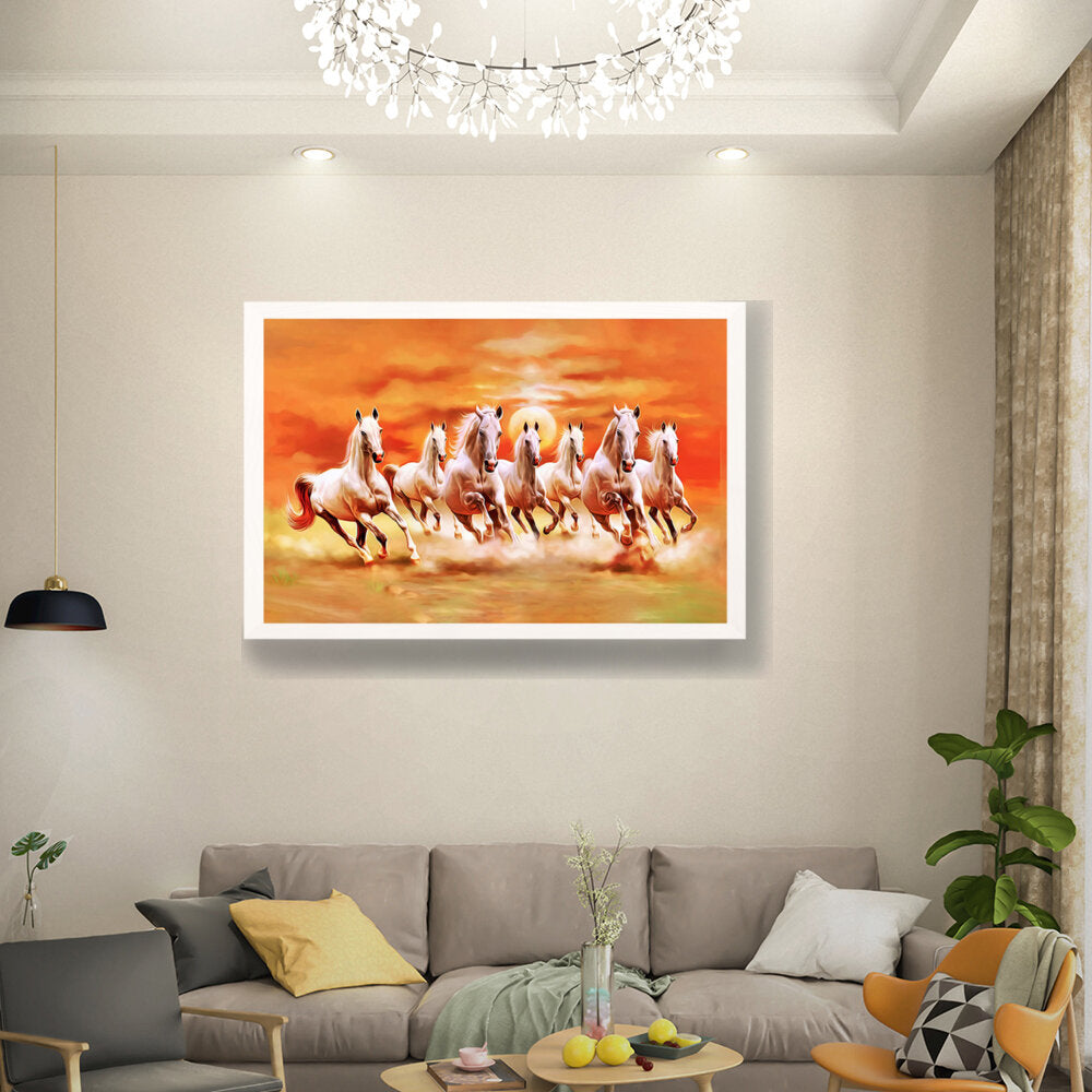 Seven Lucky Running Horses - Framed Canvas