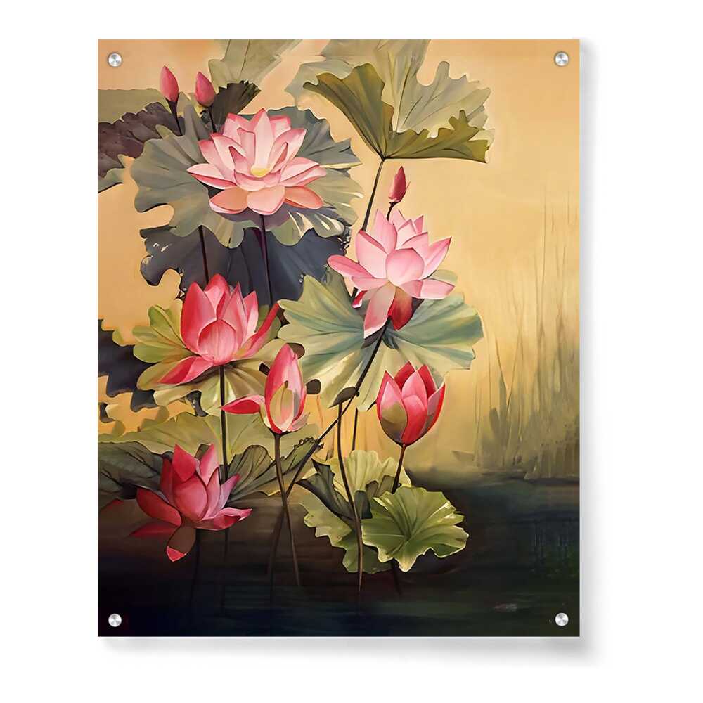 Pink Lotus Blossoms And Leaves - Acrylic Wall Photo