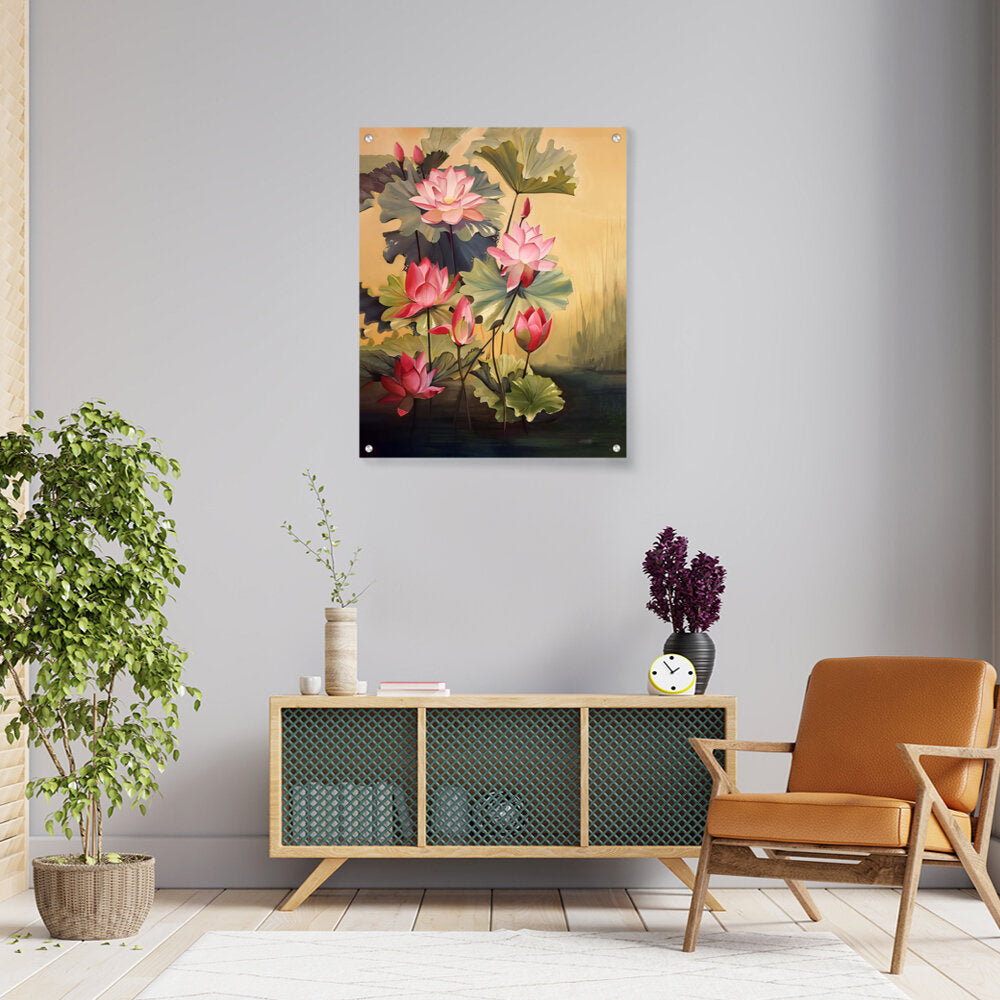 Pink Lotus Blossoms And Leaves - Acrylic Wall Photo