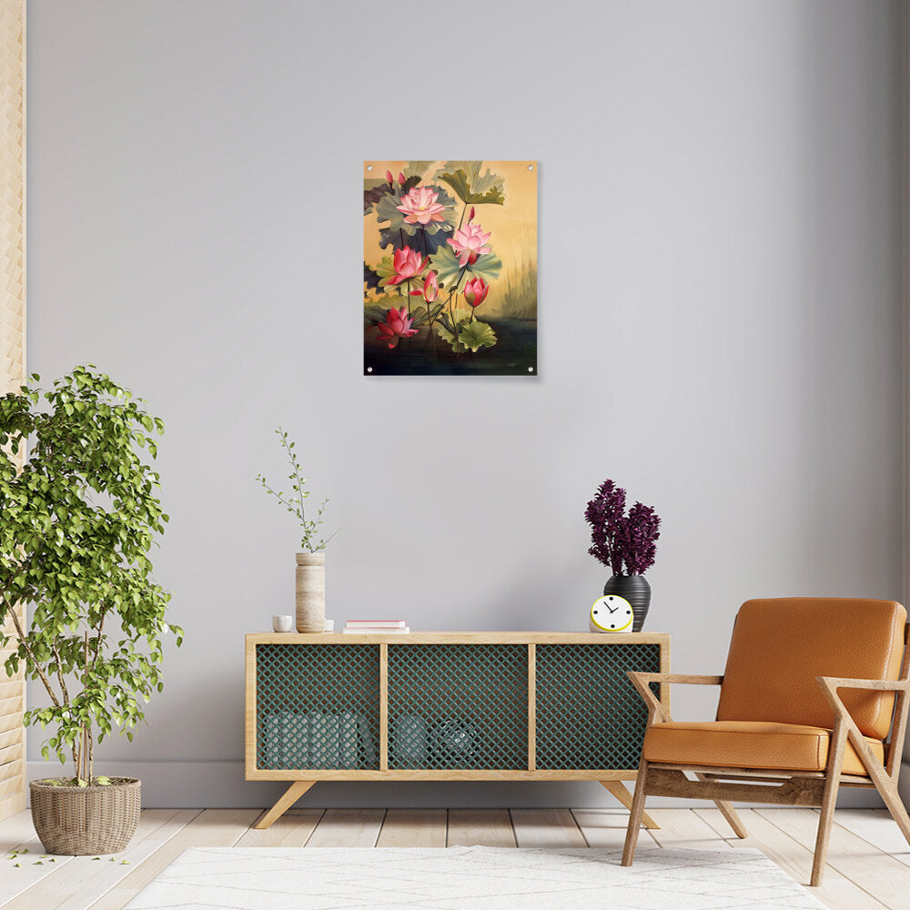 Pink Lotus Blossoms And Leaves - Acrylic Wall Photo