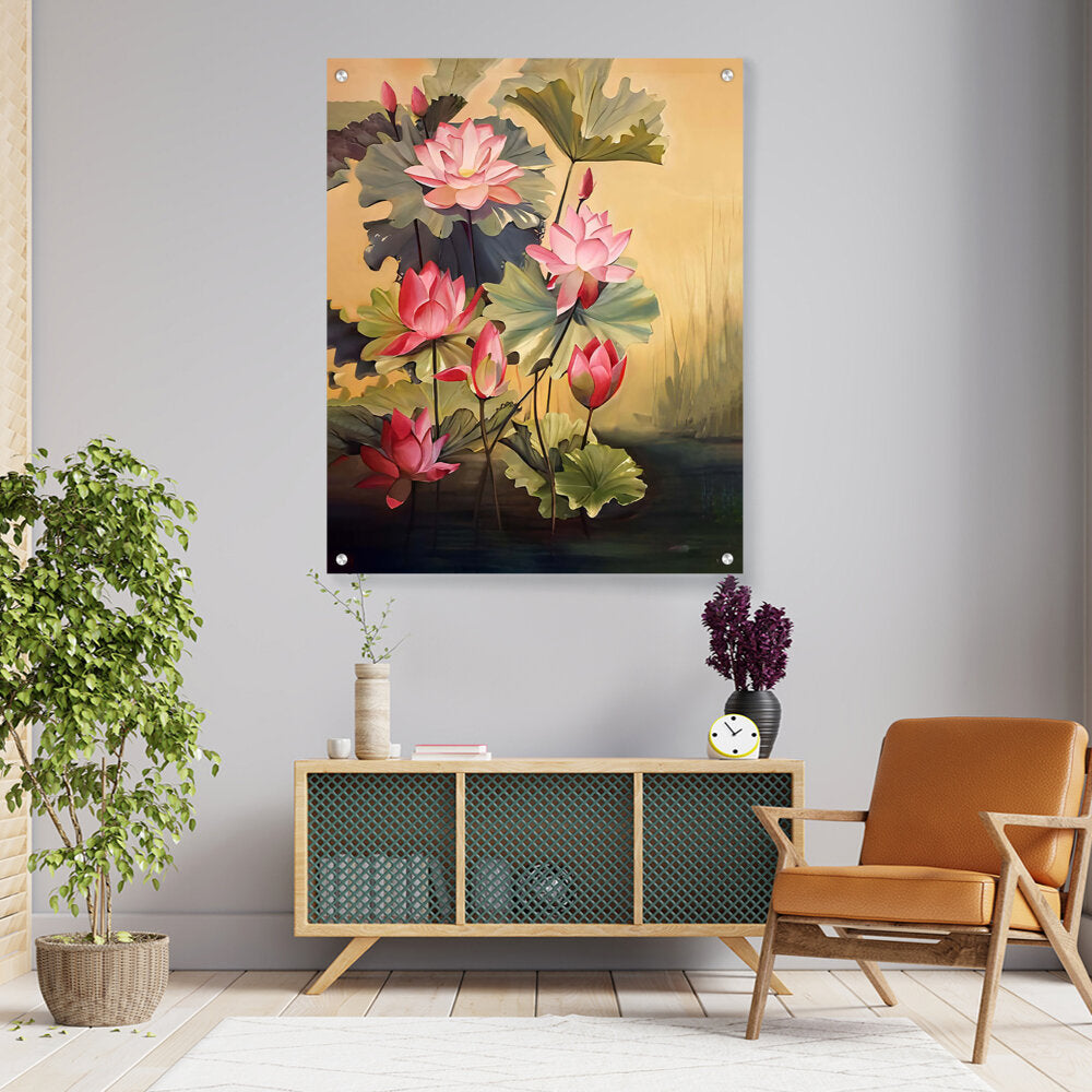 Picasoul - Artist - Pink Lotus Blossoms And Leaves - Acrylic Wall Photo