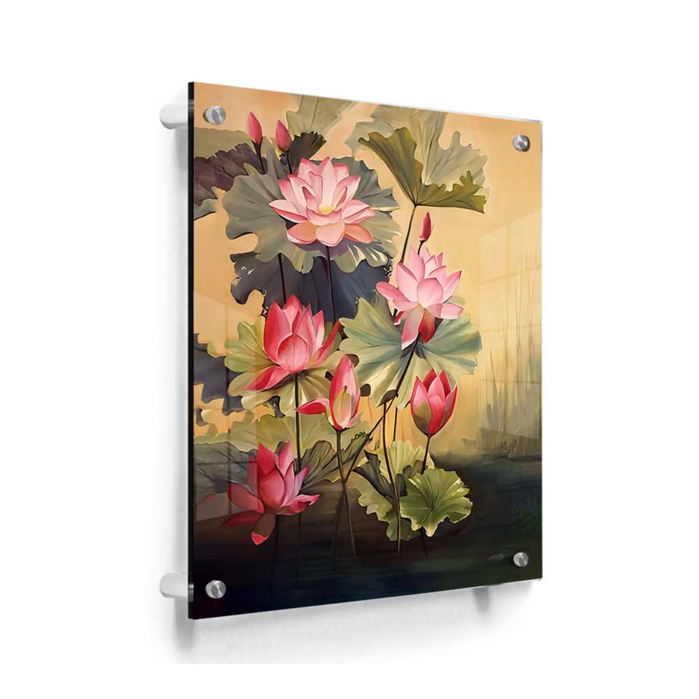 Pink Lotus Blossoms And Leaves - Acrylic Wall Photo