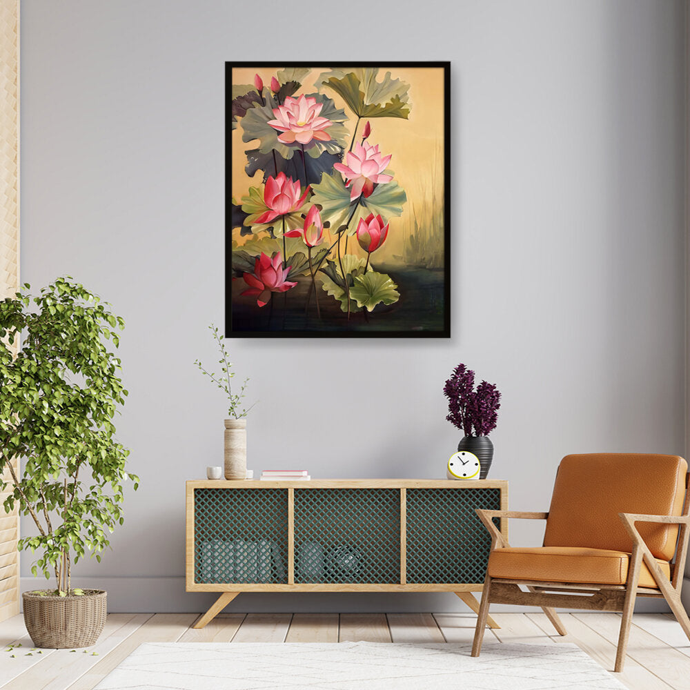 Pink Lotus Blossoms And Leaves - Framed Canvas