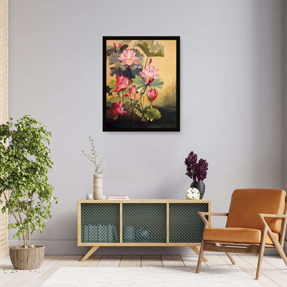Pink Lotus Blossoms And Leaves - Framed Canvas