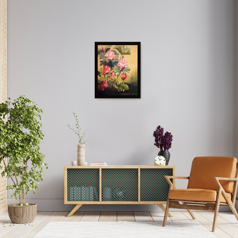 Pink Lotus Blossoms And Leaves - Framed Canvas