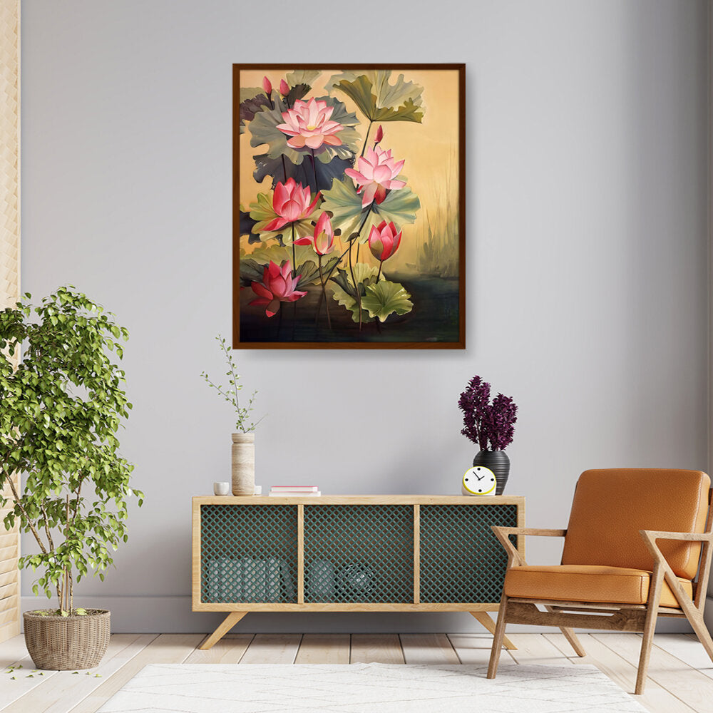 Pink Lotus Blossoms And Leaves - Framed Canvas