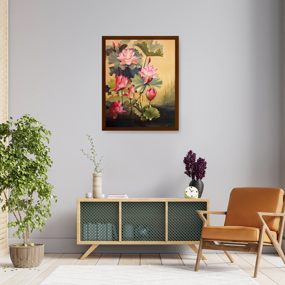 Pink Lotus Blossoms And Leaves - Framed Canvas