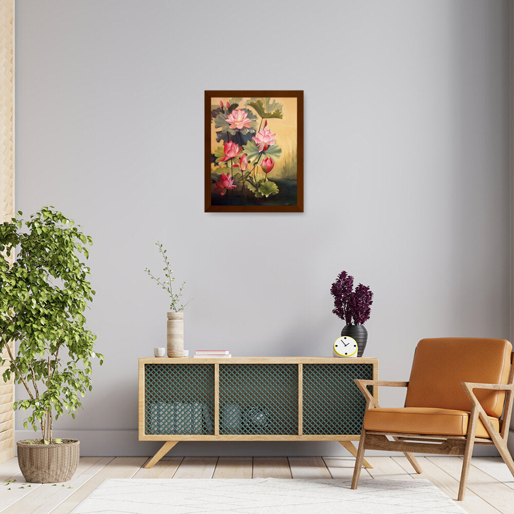 Pink Lotus Blossoms And Leaves - Framed Canvas