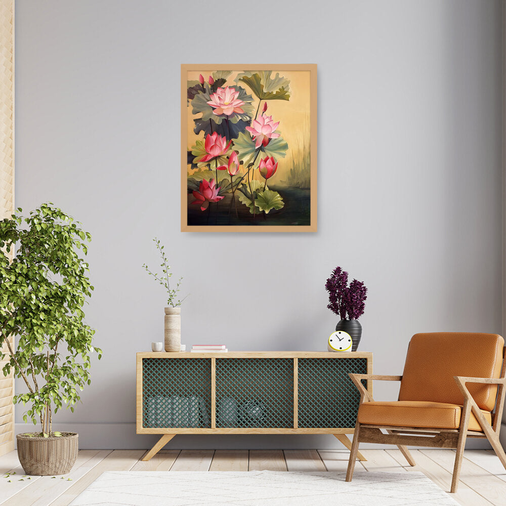 Pink Lotus Blossoms And Leaves - Framed Canvas