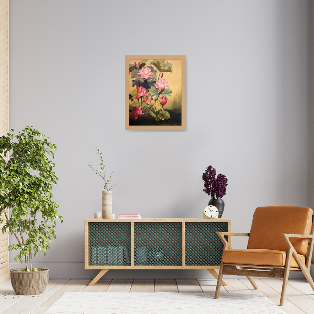 Pink Lotus Blossoms And Leaves - Framed Canvas