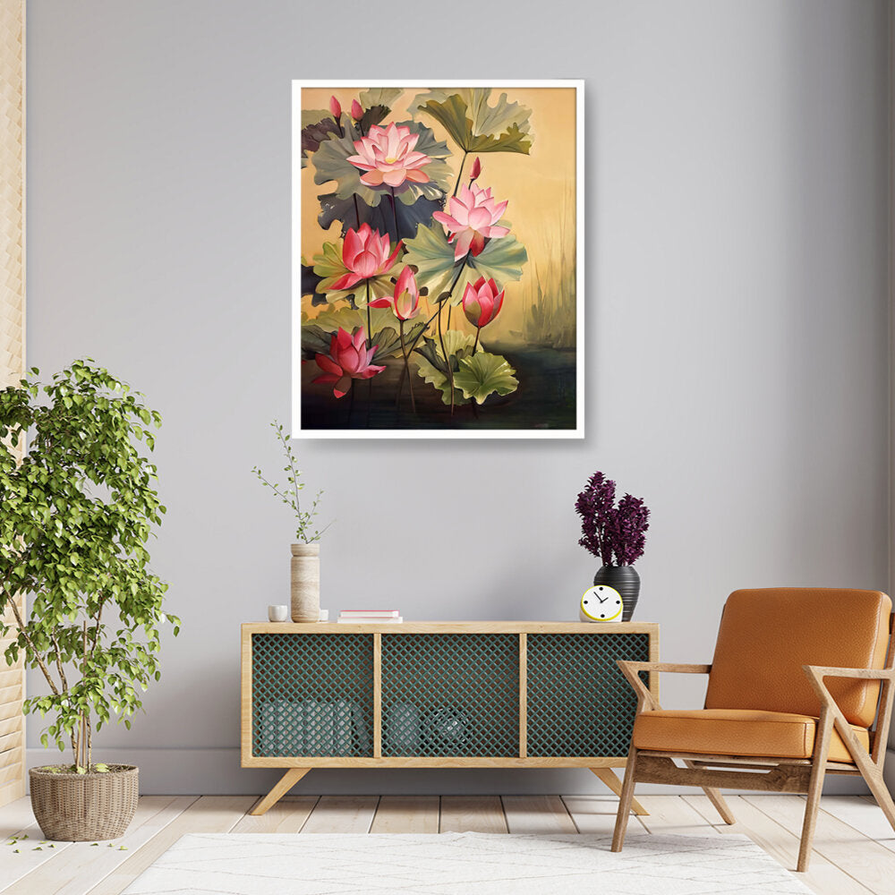 Pink Lotus Blossoms And Leaves - Framed Canvas
